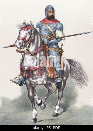 Rodrigo Diaz de Vivar (c.1043-1099), connu comme El Cid. Noble castillan, chef militaire et diplomate. El Cid cheval Babieca. Gravure en couleur. Banque D'Images