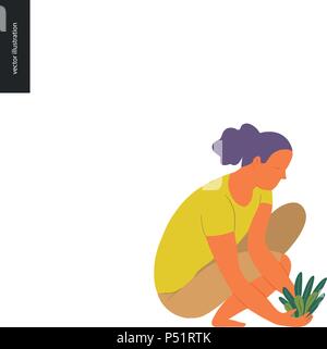 Les gens de l'été- jardinage télévision vector concept illustration d'une jeune femme assise, pieds nus sur le sol dans la position accroupie la plantation d'une plante Illustration de Vecteur