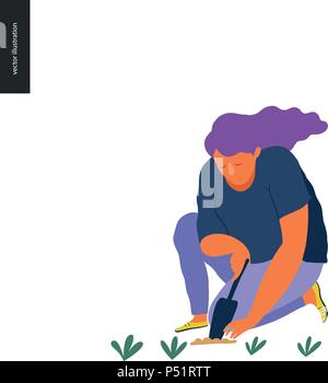Les gens de l'été - jardinage télévision vector concept illustration d'une jeune femme assise sur le sol dans la position accroupie la plantation d'une plante dans la Illustration de Vecteur