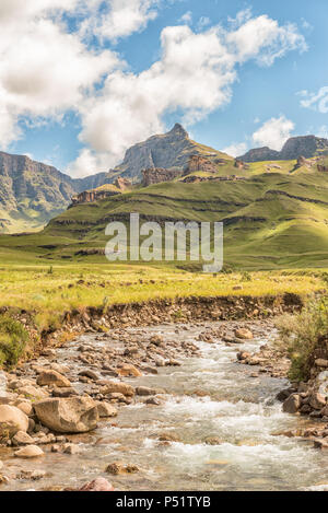 Château Le jardin dans le Drakensberg près de Underberg. Pic de Rhino (3056m) est visible à l'arrière et l'Mlambonja River à l'avant. Banque D'Images