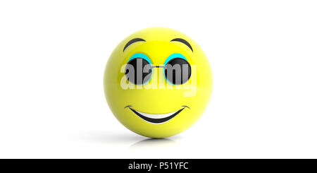 Météo ensoleillée concept. Jaune Emoji avec black round sunglasses smiling isolé sur un fond blanc. 3d illustration. Banque D'Images