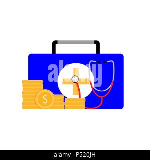 Payer pour la médecine publique. Trousse de secours avec pile de golden dollar et medical stéthoscope. Vector illustration Illustration de Vecteur