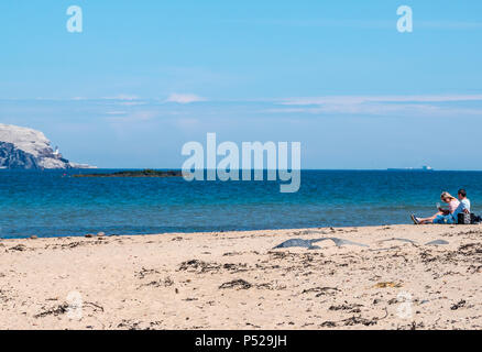 John Muir Way, East Lothian, Écosse, Royaume-Uni, 24 juin 2018. Météo au Royaume-Uni : une journée chaude et ensoleillée pendant la vague de chaleur de l'été 2018 a amené les gens sur la côte. Un couple dégusterez un verre de vin sur la plage de sable le long de John Muir Way. Le Bass Rock, qui abrite la plus grande colonie de canettes du Nord, brille au soleil Banque D'Images