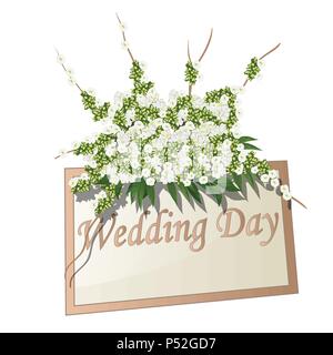 Plaque de mariage avec texte décorées de fleurs isolé sur fond blanc. Cartoon Vector illustration close-up. Illustration de Vecteur