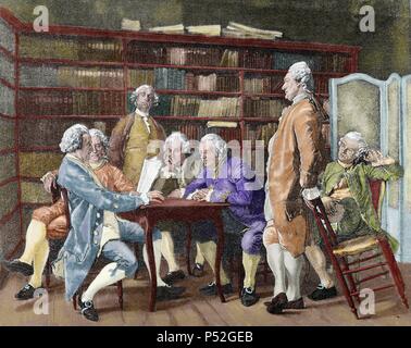 Diderot, Denis (1713-1784). Écrivain et philosophe français. La Tertulia de Diderot. Gravure couleur de 'l'illustration artistique', 1888. Banque D'Images