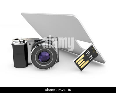 Plaquette en plastique blanc vierge carte usb avec un appareil photo, maquette 3d illustration. Banque D'Images