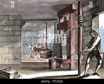 Atelier dédié à la fabrication de carton. Et en appuyant sur la pâte. 18e siècle. 'Encyclopedie Diderot et d'Alembert". Gravure en couleur. Banque D'Images