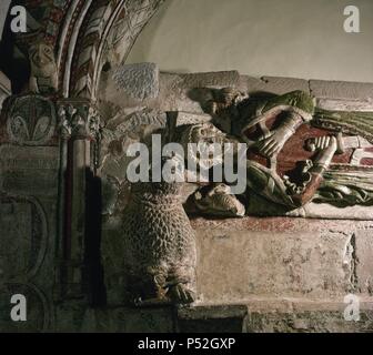 ARTE GOTICO. ESPAÑA. SEPULCRO DE LOPE Jiménez. Se encuentra en la Sala salle capitulaire (siglo XIV) del Monasterio DE NUESTRA SEÑORA DE VERUELA. Data de finales del siglo XIII. Detalle. CERCANIAS DE TARAZONA. Provincia de Saragosse. Aragón. Banque D'Images