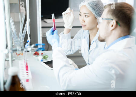 Test d'observation microbiologistes avec verre liquide rose Banque D'Images