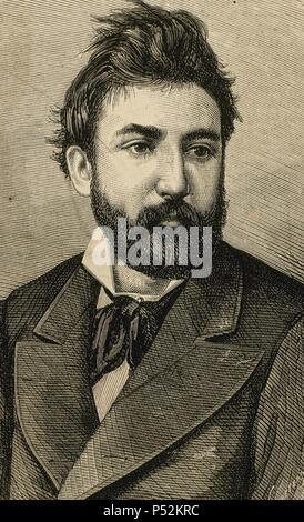 Tomas Padro Peret (1840-1877). L'artiste espagnol. Portrait. Gravure de A. Carretero, 1877. Banque D'Images