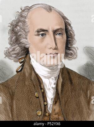 James Madison (1751-1836). Homme d'État américain et théoricien de la politique. Il fut le quatrième président des États-Unis (1809Ð1817). Gravure en couleur. Banque D'Images