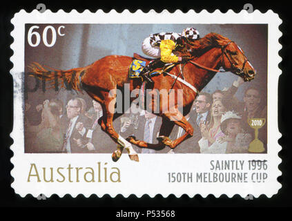 L'AUSTRALIE - circa 2010 : timbre imprimé en Australie montre le saint, 1896, vainqueur de la Melbourne Cup 150e question, vers 2010 Banque D'Images