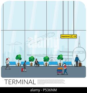 Le design intérieur de l'attente d'embarquement au terminal de l'aéroport de hall moderne avec de nombreux touristes et voyageurs d'affaires comme à l'avion et vue sur la ville Illustration de Vecteur