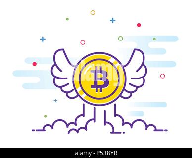 Avec des ailes Bitcoin télévision illustration. L'icône de Bitcoin volant dans le ciel. Monnaie Monnaie. bit Crypto Cryptocurrency emblème. Internet et Web logo argent. Vector illustration. Illustration de Vecteur