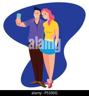 Beaux jeunes cheerful couple amoureux prend en selfies télévision style. Télévision couple Cool caractère posant ensemble toute la longueur prise de photos avec mobile smart phone Illustration de Vecteur