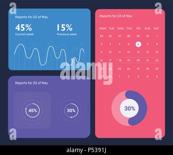 Modèle infographique minimaliste design plat avec des graphiques statistiques quotidiennes, planche de bord, les diagrammes à secteurs multiples, avec des options de modèle de cercle, diagramme de workflow, web design, éléments d'interface utilisateur. Illustration de Vecteur