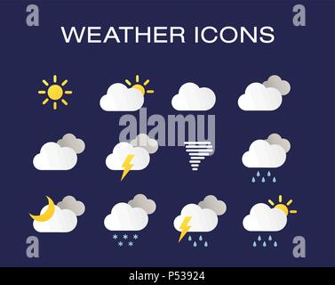 Ensemble complet d'icônes météo réaliste moderne. Météo moderne icons set. Télévision symboles vectoriels sur fond sombre. Illustration de Vecteur