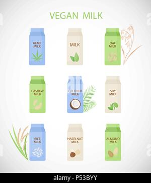 Lait Vegan vector icon set plat végétarien, à base de plantes ou de lait, de conception du fnon-produits laitiers isolé sur le fond blanc, vector illustrat Illustration de Vecteur