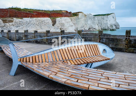 Banc de la communauté sur la jetée appelé le point de démarrage schoal a atterri à Seaford, East Sussex, UK, un long banc incurvé en forme de poisson en face de th Banque D'Images