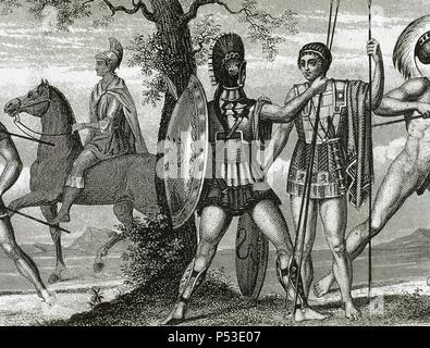 Deux soldats grecs. Hoplite, infanterie lourde, avec casque, bouclier et armure et Hilotes, sans protection et avec un javelot. La gravure. Banque D'Images