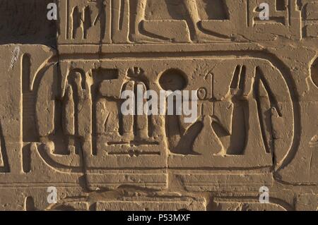 L'art égyptien Le Temple de Karnak complexe. L'écriture hiéroglyphique. Protocole Royal de Ramsès VI. Nebmaatre-Meryamun Il régna de 1145 à 1137 av. J.-C.-B. 20e dynastie. Nouvel Empire. L'Égypte. Banque D'Images