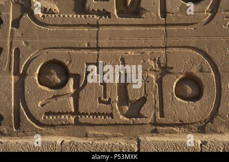 L'art égyptien Le Temple de Karnak complexe. L'écriture hiéroglyphique. Protocole Royal de Ramsès II. Titre cinquième du Pharaon : fils de Ra.19e dynastie (1320-1200 b.C.). Nouvel Empire. L'Égypte. Banque D'Images