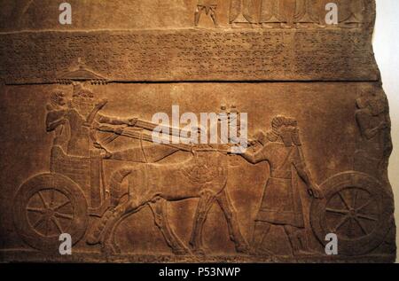 L'albâtre panneau représentant le roi Téglath-phalasar III dans son char sous un parapluie et une inscription cunéiforme qui portent leurs campagnes, en prenant la ville de Astartu. 730-727 BC. Du Palais de Nimrud. British Museum. Londres. United Kingdom. Banque D'Images