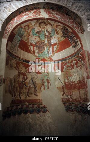 L'Art roman en Espagne. 12e siècle. Église de Sainte Marie (Santa Maria). Le martyre de l'anglais l'archevêque Thomas Becket, décédé en 1170. La peinture murale dans l'abside. Tarrasa. La Catalogne. Banque D'Images