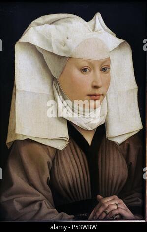 L'art gothique en Flandre. Rogier van der Weyden ou Roger de La Pasture (1399 ou 1400-1464). Début du peintre flamand. Portrait d'une jeune femme (dame portant une coiffe ou Gaze), ch. 1435-1440. Huile sur bois. Staatlichen Museum, Berlin. L'Allemagne. Banque D'Images