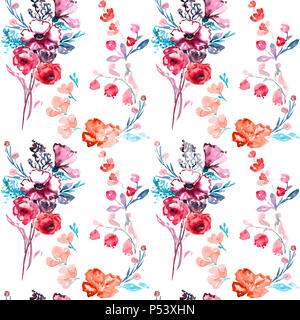 Bouquet de fleurs roses rose, églantier (Wild Rose), jacinthes et mauve sauvage, feuilles et baies bleu transparente, dessin, main painte isolés Banque D'Images