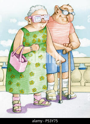 Personnes âgées funny couple marche dans l'autre, ils ont l'air satisfait Banque D'Images