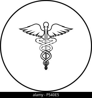 Caducée symbole de la santé de l'Asclepius Baguette magique couleur noir en cercle autour contours Illustration de Vecteur