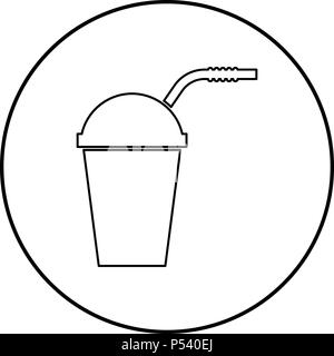 Récipient fermé pour les boissons froides avec de la paille de couleur noire l'icône Contour rond cercle Illustration de Vecteur