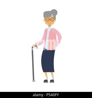 Vieille femme marchant avec stick. grand-mère pleine longueur sur fond blanc mignon mamie, arbre de genre famille heureuse, concept design dessin animé télévision Illustration de Vecteur