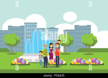 Les grands-parents parents enfants petits-enfants , multi generation family, pleine longueur avatar sur parc de la fontaine ville verte fleurs arbres pelouse modèle cityscape background télévision Illustration de Vecteur