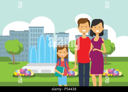 Mère enceinte père et fille avec book portrait avatar sur city park enfants fleurs fontaine pelouse verte modèle arbres cityscape background télévision Illustration de Vecteur