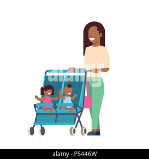 African mother baby sister frère jumeaux poussette double longueur complète avatar sur fond blanc, les concept de famille, télévision cartoon Illustration de Vecteur