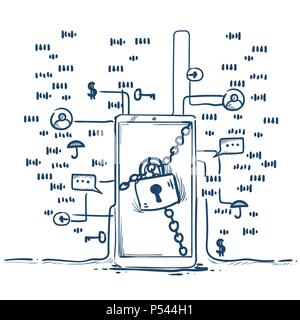 Cadenas de sécurité Règlement général sur la protection des données de sécurité serveur PIBR garde sur fond blanc à la main Illustration de Vecteur