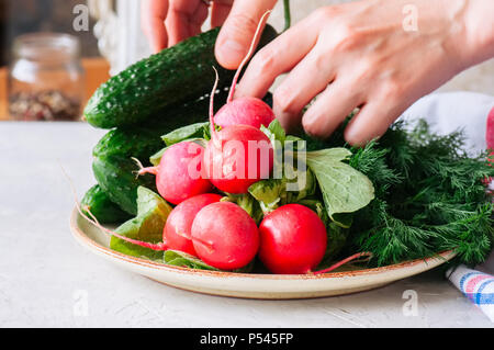 De jeunes légumes pour salade saine. Les radis concombre aneth sur une assiette. Femme comment choisir les légumes pour la salade Banque D'Images