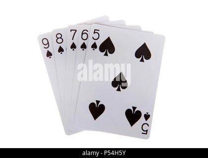 Des cartes à jouer, une quinte flush. Une quinte flush est une séquence de cinq cartes de la même couleur. pique Banque D'Images