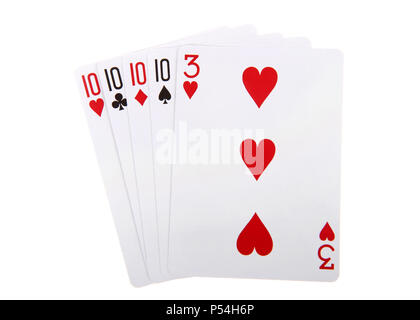 Des cartes à jouer, quatre d'une sorte. Les quatre cartes de même valeur ou de valeur. Isolé sur fond blanc. Banque D'Images
