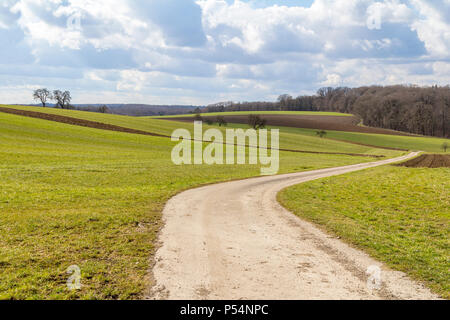 Paysage rural et idyllique avec vue panoramique sur les champs et prairies y compris un chemin de champ dans Hohenlohe, un salon dans le sud de l'Allemagne au début du printemps temps temps Banque D'Images