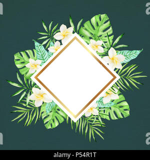 Aquarelle bannière florales avec des fleurs et feuilles de palmier sur un fond vert Banque D'Images