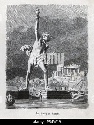 Historia Antigua. Las Siete maravillas del mundo antiguo. El Coloso de Rodas. La gravure en alemán de 1886. Banque D'Images