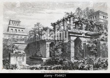 Historia Antigua. Las Siete maravillas del mundo antiguo. Los Jardines colgantes de Babilonia. La gravure en alemán de 1886. Banque D'Images