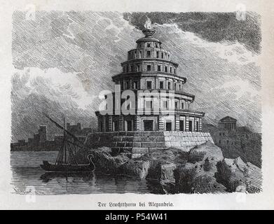 Historia Antigua. Las Siete maravillas del mundo antiguo. El Faro de Alejandría. La gravure en alemán de 1886. Banque D'Images