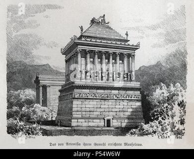 Historia Antigua. Las Siete maravillas del mundo antiguo. El mausoleo de Halicarnaso. La gravure en alemán de 1886. Banque D'Images