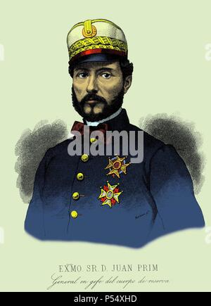 Personajes. Le général Juan Prim y Prats (Reus, 1814-Madrid, 1870), conde Reus. Militar y político progresista español. En général Jefe del Cuerpo de reserva del Ejército. Guerra de África. La gravure de 1860. Banque D'Images