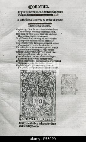 LITERATURA CATALANA. Siglos XIII-XIV Ramon Llull (1233-1315 ó 16). Y Filósofo literato mallorquín. IBRE D''LLE D'AMIC AMAT'. Portada. París 1505. Impresor Jean Petit. Biblioteca universitaria de Barcelone. Cataluña. Banque D'Images