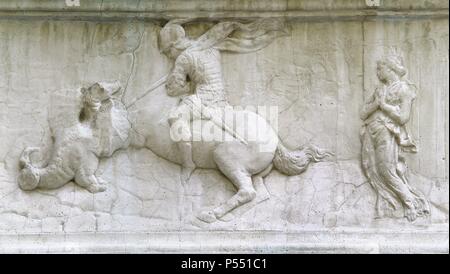 JORGE, San. Mártir cristiano del s. II. Es representado como un joven con armadura, cabalgando sobre un caballo y la lanza rota sobre el dragón. Un su lado, la princesa. Soulager en el muro exterior de IGLESIA DE ORSANMICHELE (1380). FLORENCIA. La Toscana. Italia. Banque D'Images